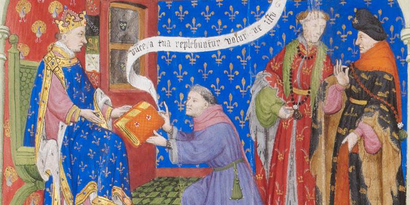 Illustration symbolique de la transition entre le Moyen Âge et la Renaissance dans la littérature française du 15ème siècle, avec des éléments des deux époques.